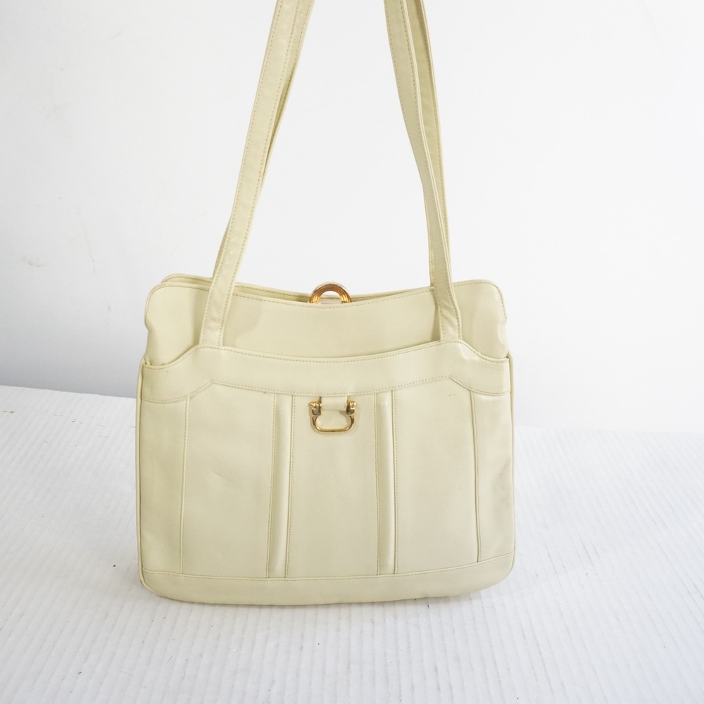 Vintage Lou Taylor Cream Leather Shoulder Bag Gold Hardware Snap Closure Mirror